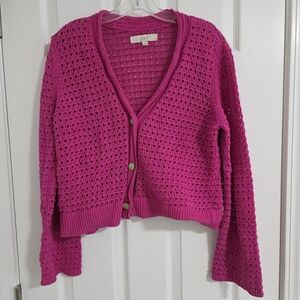LOFT Large Women's Hot Pink Fuchsia 100% Cotton Cardigan